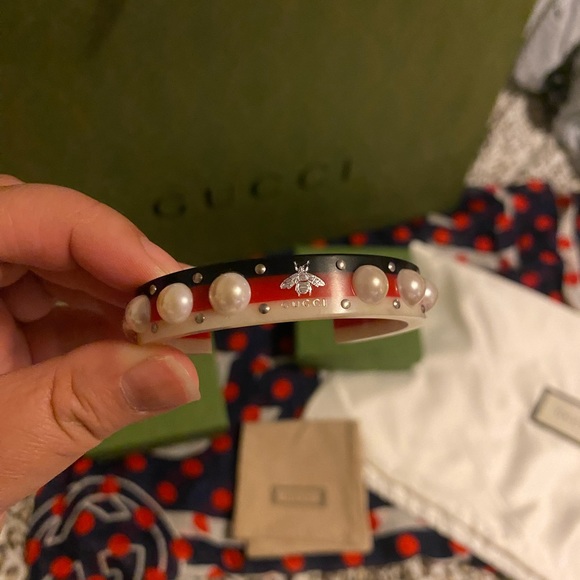 GUCCI Sylvie Web BRACELET Vintage PEARL Stud BEE Logo Italy S - Picture 4 of 11